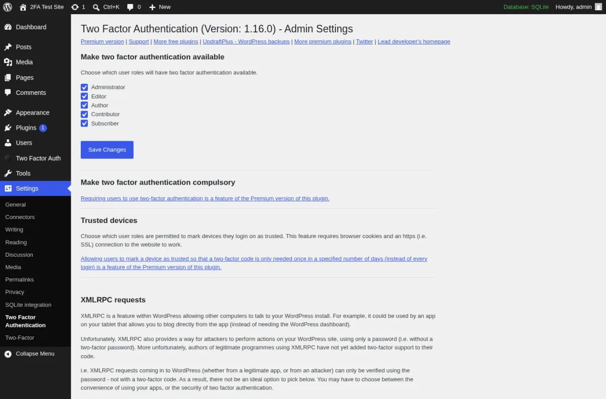 Two Factor Authentication admin settings page in WordPress, showing the Make two factor authentication available role checkboxes for Administrator and Editor, the Save Changes button, the Trusted devices description, and the XML-RPC requests section below