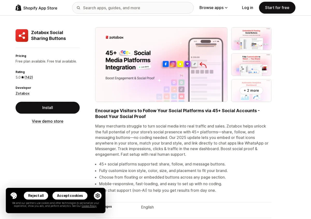Zotabox Social Sharing Buttons Shopify App Store listing showing the app name, 5.0-star rating, and floating share/follow/message button screenshots