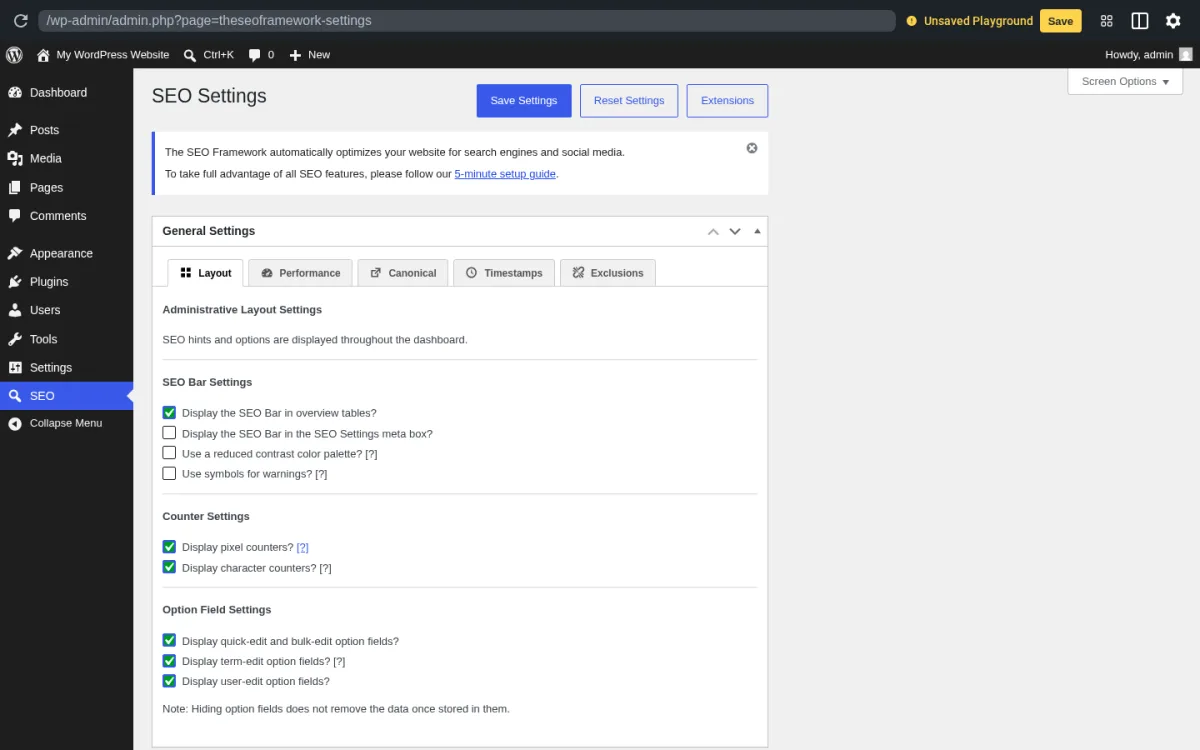 The SEO Framework SEO Settings page in WordPress admin showing General Settings with Layout, Performance, Canonical, Timestamps and Exclusions tabs