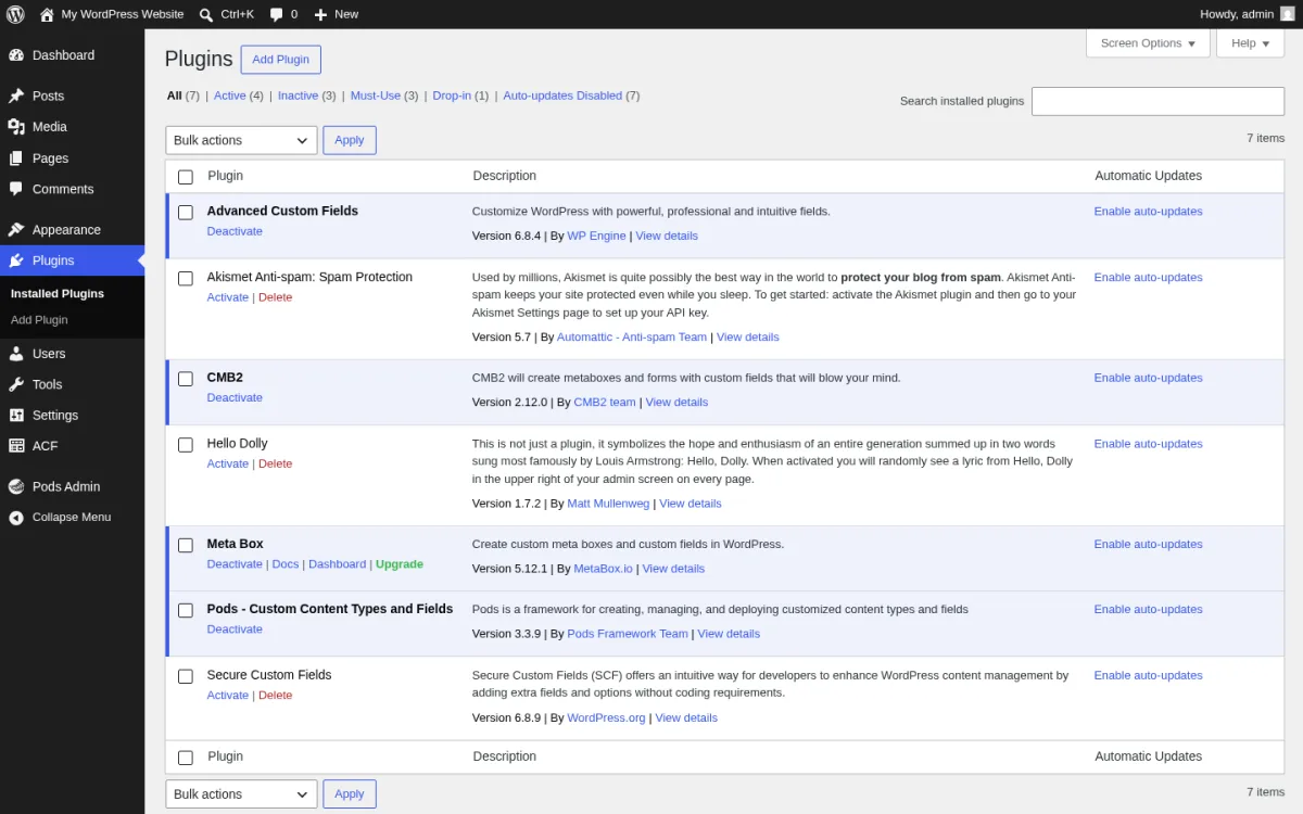 WordPress 7.0 Plugins admin page after installing the five free custom-fields plugins under test: Advanced Custom Fields 6.8.4, CMB2 2.12.0, Meta Box 5.12.1, Pods - Custom Content Types and Fields 3.3.9, and Secure Custom Fields 6.8.9, each with its full plugin description shown below the title.