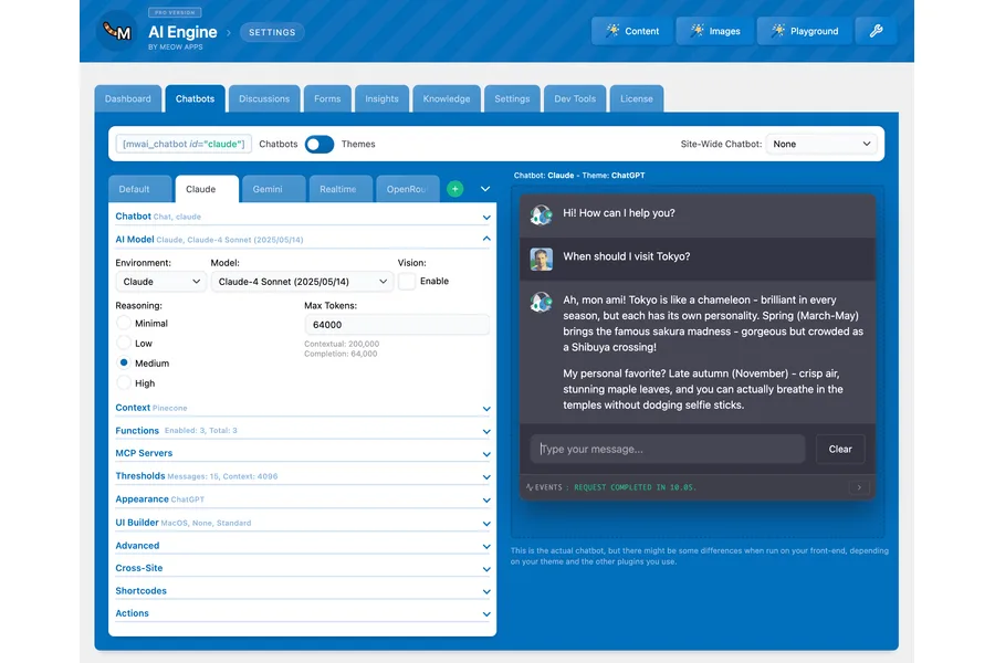 AI Engine&rsquo;s chatbot builder inside the WordPress admin