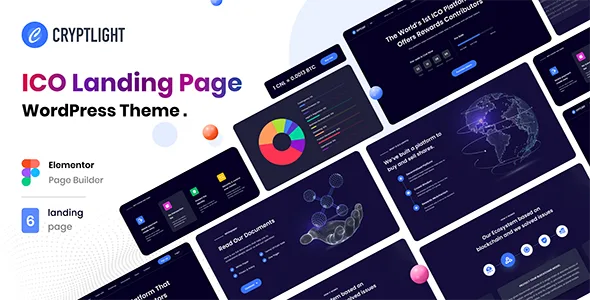 Cryptlight WordPress theme preview banner showing ICO landing-page demos with token-sale countdowns, AI, and NFT layouts