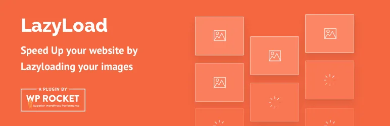 LazyLoad Plugin banner with the WP Rocket logo and the words Lazy Load Images, Videos, and Iframes on a navy background.
