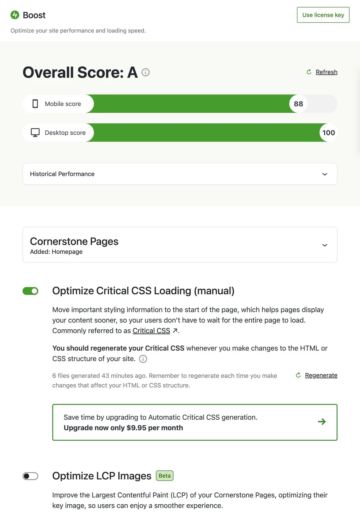 Jetpack Boost wp-admin dashboard showing overall site speed score for desktop and mobile, plus toggles for Critical CSS, Defer Non-Essential JavaScript, Image Size Analysis, Image CDN, and Lazy Load.