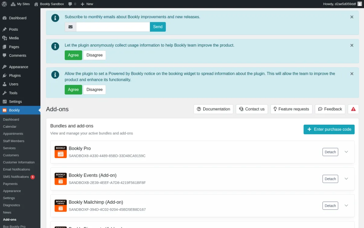 Bookly Pro Add-ons page with license keys for 40+ Bookly add-ons