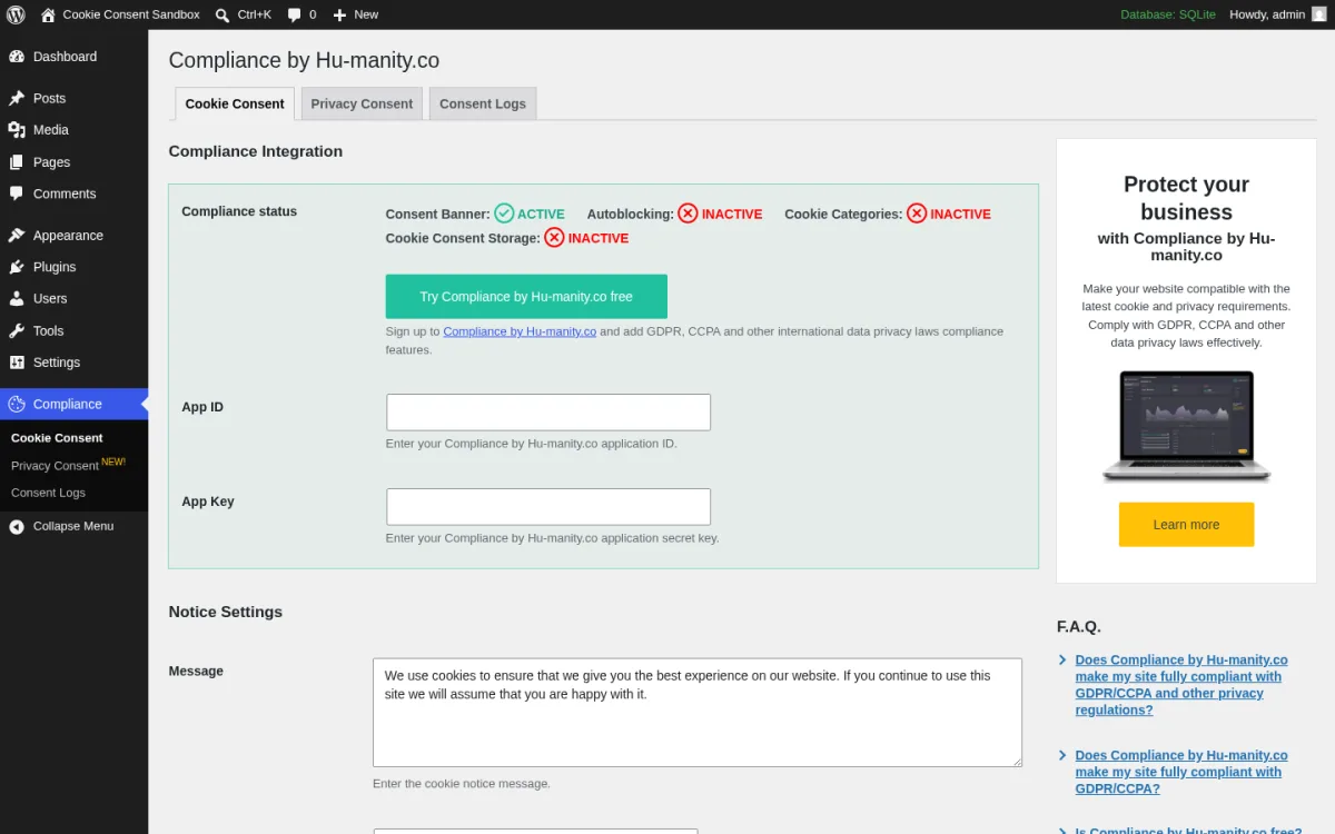 Compliance by Hu-manity.co settings screen inside WordPress admin showing cookie consent, privacy consent and consent logs tabs