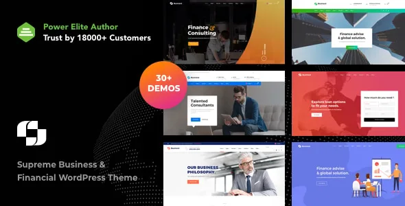 Businext WordPress theme preview banner showing 30+ Power Elite Author demos for finance, consulting, and crypto business sites