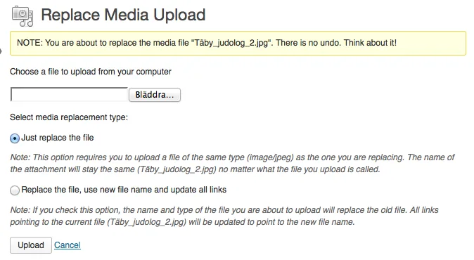Enable Media Replace upload screen inside WordPress with options to Just replace the file or Replace the file, use new file name and update all links, and an Upload button