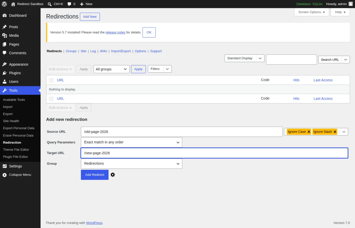 Redirection plugin Add Redirect screen in the WordPress admin, showing source URL, target URL and group fields