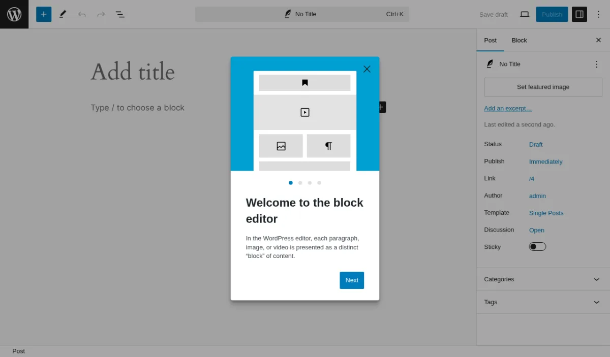 WordPress block editor on a new page with the Welcome to the block editor onboarding dialog visible and the Post settings panel showing Status, Publish, Link, Author, Template, Discussion, and Sticky fields.