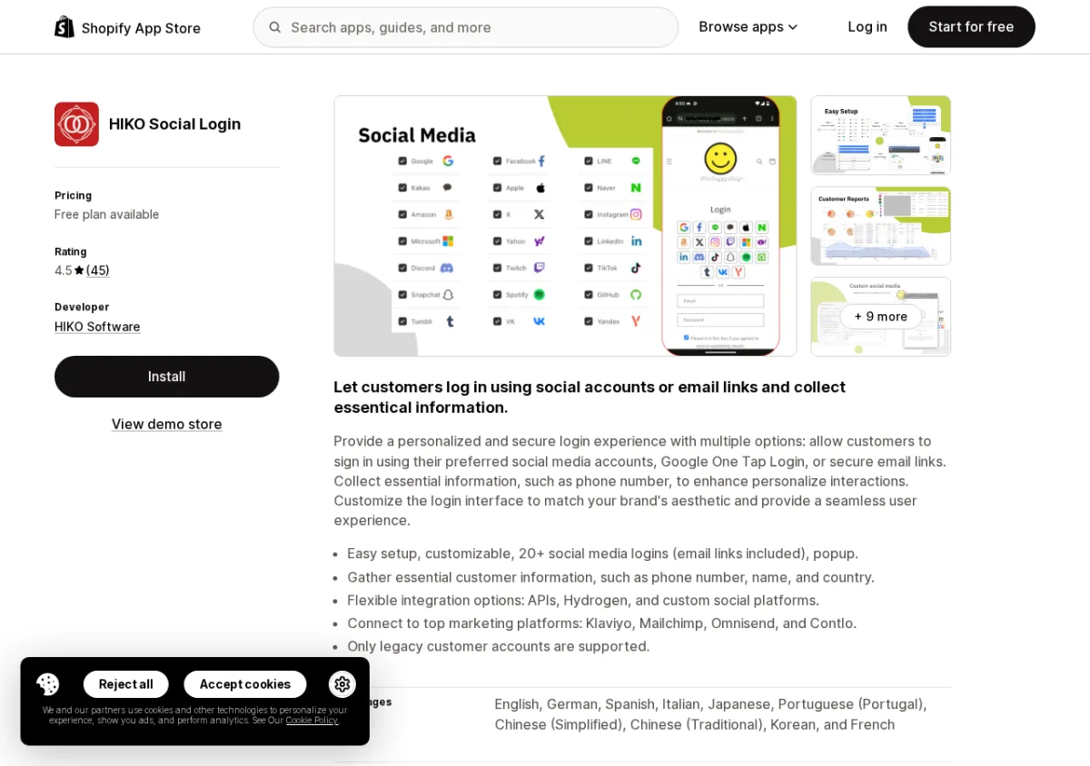 HIKO Social Login Shopify App Store listing showing the app name, 4.5-star rating, and social login provider interface screenshots