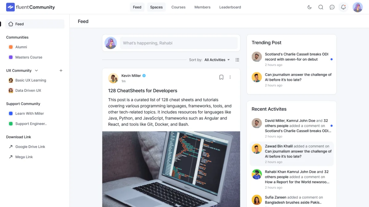 FluentCommunity Feed front-end with community sidebar (Communities, Alumni, Masters Course, UX Community with Basic UX Learning and Data Driven UX, Support Community with Learn With Miller and Support Engineers, Download Link with Google Drive and Mega), post composer for Kevin Miller, a 128 CheatSheets for Developers post and the Trending Post and Recent Activities widgets in the right rail.