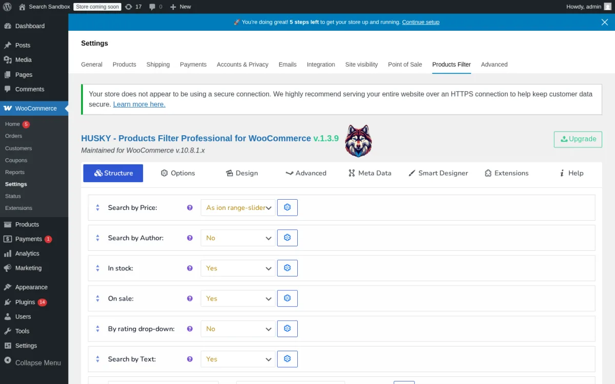 HUSKY (WOOF) Products Filter settings tab under WooCommerce > Settings on a clean WordPress 6.9.4 + WooCommerce 10.8.1 sandbox showing the main HUSKY settings panel that lives inside the WooCommerce settings nav.