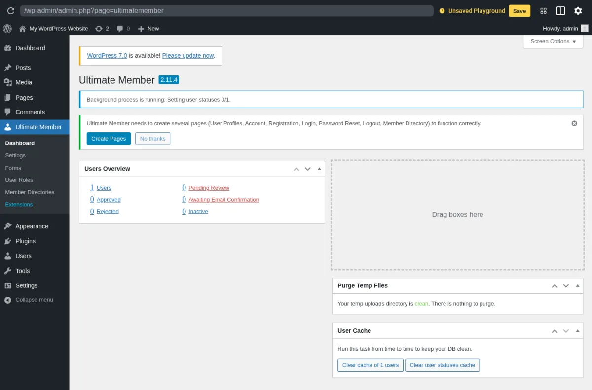 Ultimate Member 2.11.4 Dashboard inside a real WordPress install showing the Create Pages admin notice for the 7 default UM pages, the Users Overview widget with status counters, and the Ultimate Member top-level menu with Dashboard, Settings, Forms, User Roles, Member Directories and Extensions