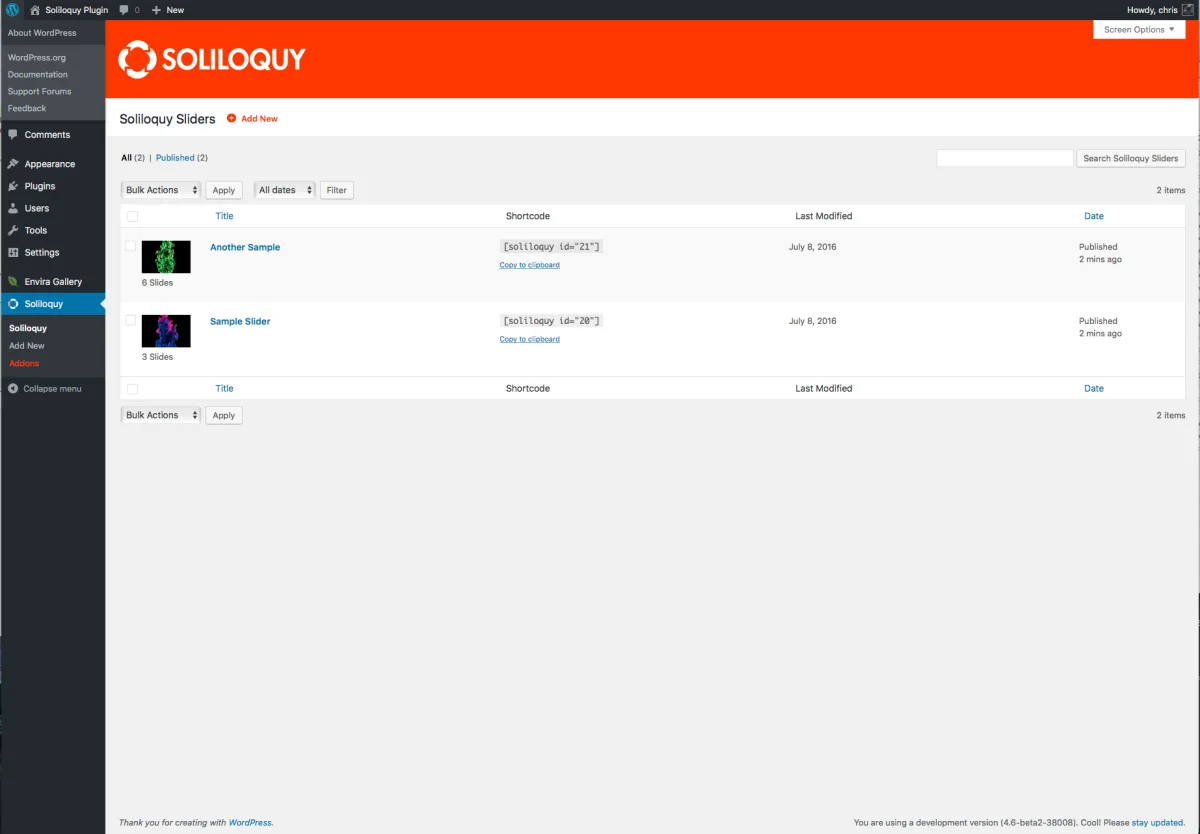 Soliloquy Lite admin screen inside WordPress showing the drag-and-drop slide list for a Homepage Hero slider and the Slider Settings tabs on the right