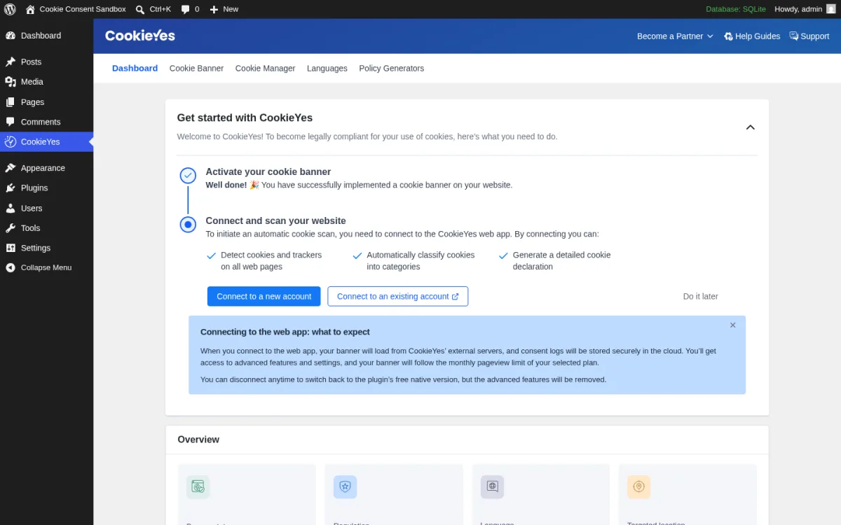 CookieYes dashboard inside WordPress admin showing onboarding, cookie banner, cookie manager, languages and policy generator sections