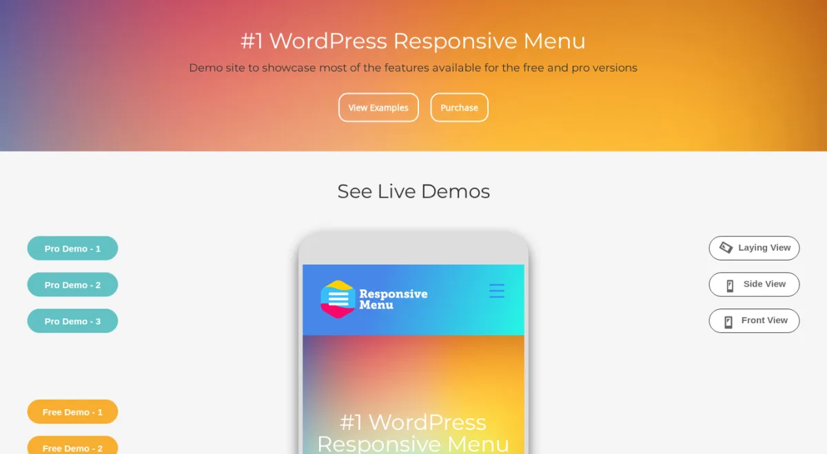 Responsive Menu demo site showcasing the free and pro mobile menu previews on a phone mockup