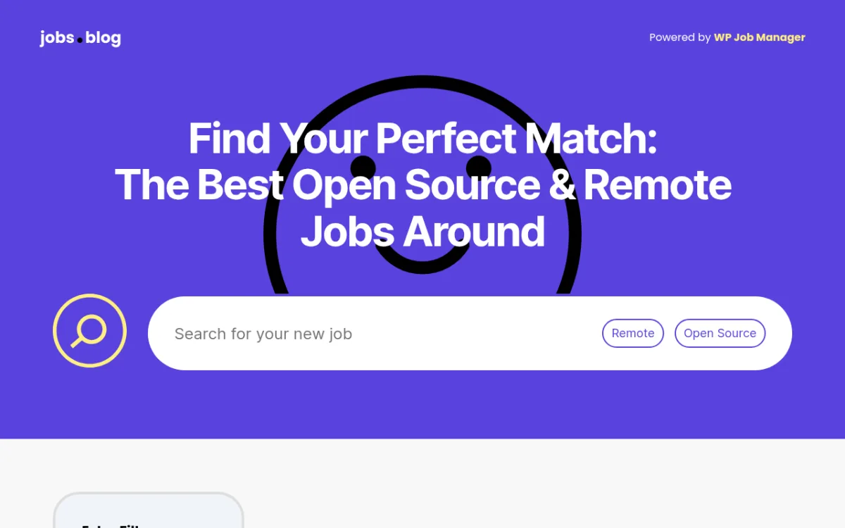 jobs.blog, a real job board powered by WP Job Manager, showing the search interface with keyword search and filter buttons