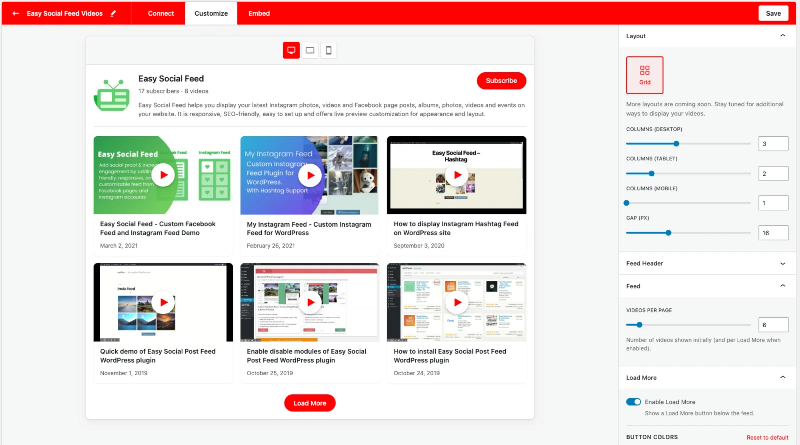 Easy Social Feed YouTube video feed customizer with the live grid preview and the Layout, Feed and Load More settings panel
