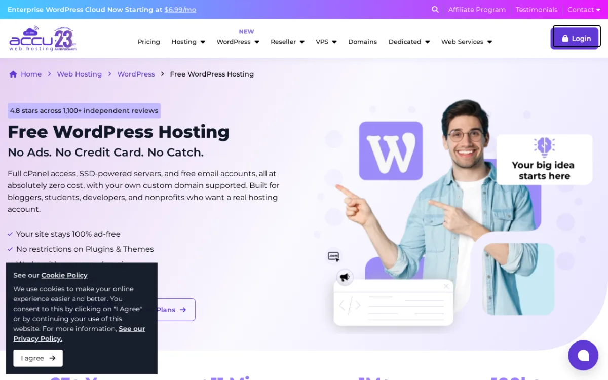 AccuWeb Free WordPress Hosting plan card showing 2 GB SSD, 30 GB bandwidth, 768 MB RAM, 25 email accounts, cPanel and DDoS protection.