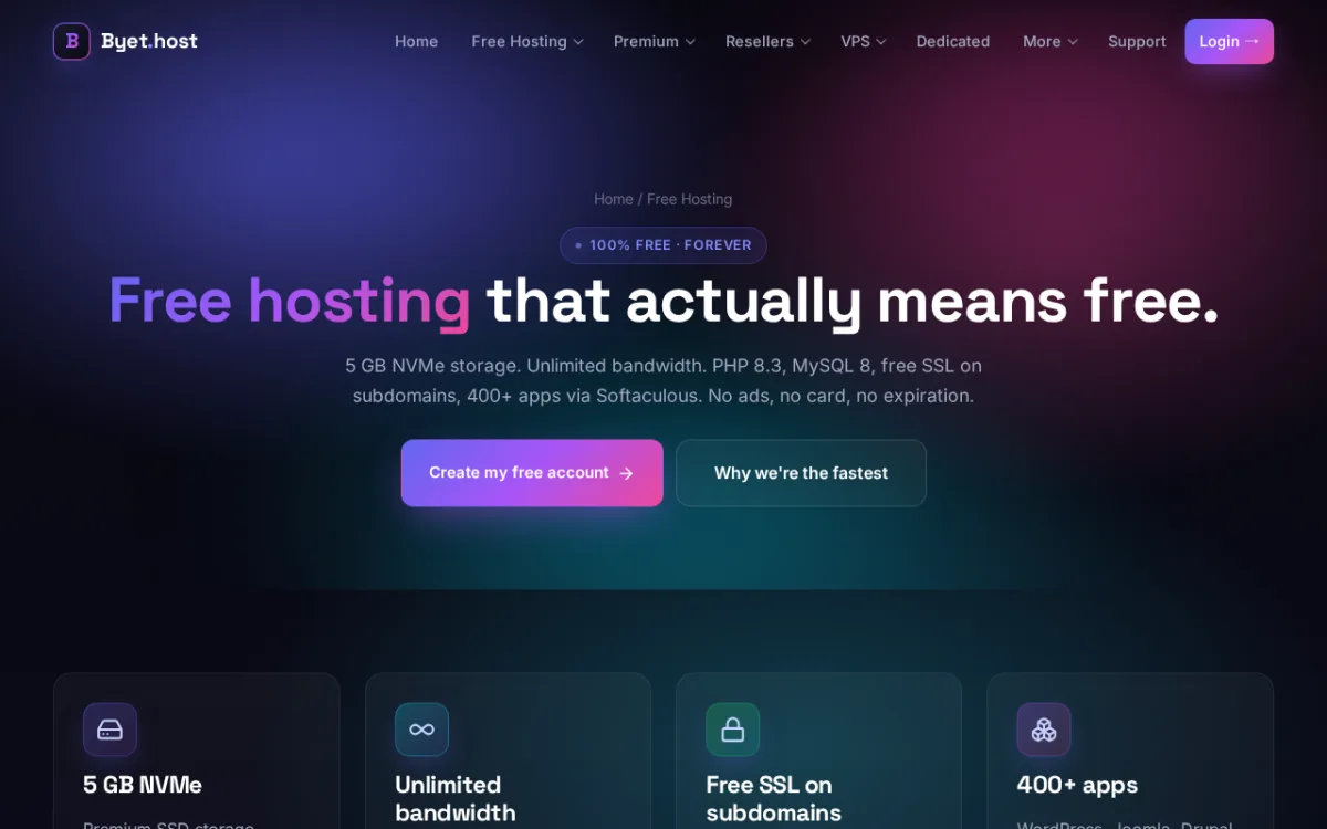 Byethost free hosting plan showing 5 GB NVMe storage, unlimited bandwidth, PHP 8.3, MySQL 8, free SSL, Softaculous one-click installs, 10 MB max upload, no ads.