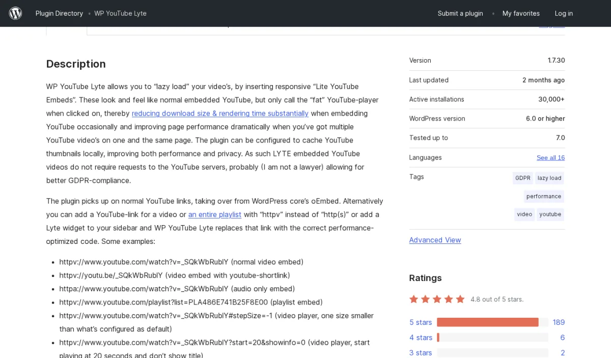 WP YouTube Lyte WordPress.org listing showing version 1.7.30, 30,000+ active installations, 4.8 stars, GDPR and lazy load tags, and the lite embed shortcode examples