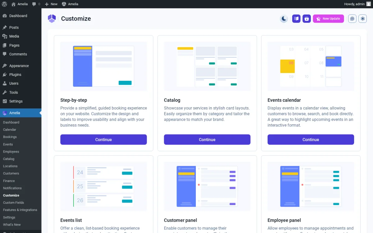 Amelia admin Customize — six tile-based editors with descriptions
