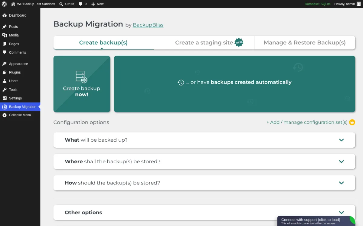 Backup Migration by BackupBliss 2.1.6 admin screen inside a real WordPress install showing the Backup Migration heading with by BackupBliss credit, the three large tabs Create backup(s), Create a staging site (NEW badge) and Manage & Restore Backup(s), the Create backup now! tile next to the ...or have backups created automatically promo card, the Configuration options accordions What will be backed up?, Where shall the backup(s) be stored?, How should the backup(s) be stored?, Other options, and the Connect with support (click to load) widget in the bottom-right.