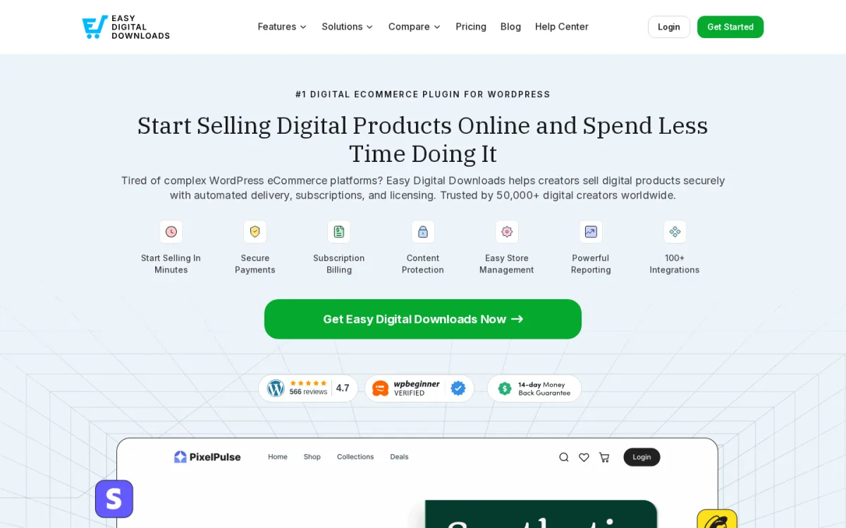 Easy Digital Downloads 2026 homepage showing the Number 1 digital ecommerce plugin for WordPress positioning, secure payments, subscription billing, content protection, easy store management, and the 14-day money back guarantee