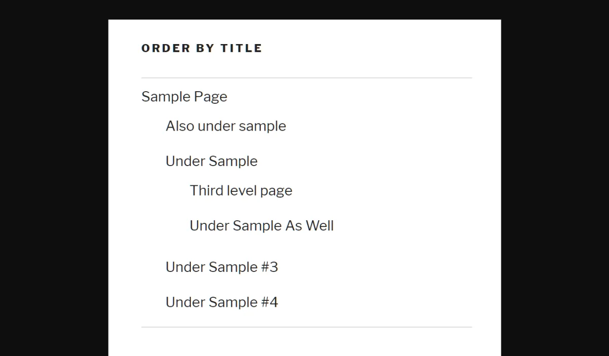 Advanced Sidebar Menu output showing a hierarchical page menu ordered by title, with current page and child pages indented