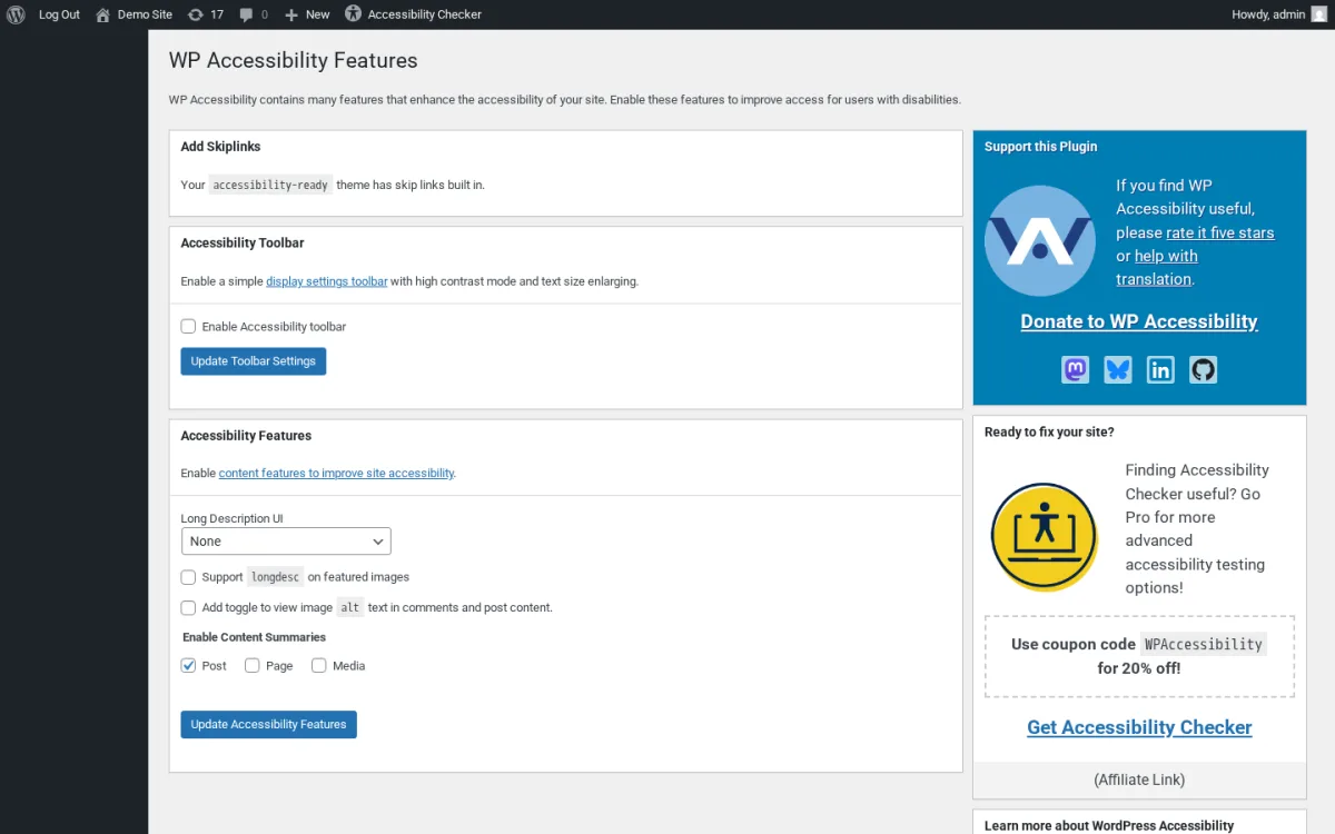 WP Accessibility Features page in WordPress admin showing the Add Skiplinks panel, the Accessibility Toolbar enable checkbox, the Long Description UI dropdown, the Support Longdesc on Featured Images checkbox, and the Enable Content Summaries options for Post, Page, and Media