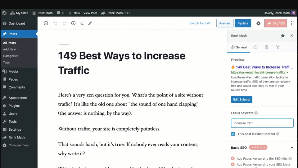 Rank Math SEO sidebar inside the WordPress block editor showing focus keyword and Basic SEO checks