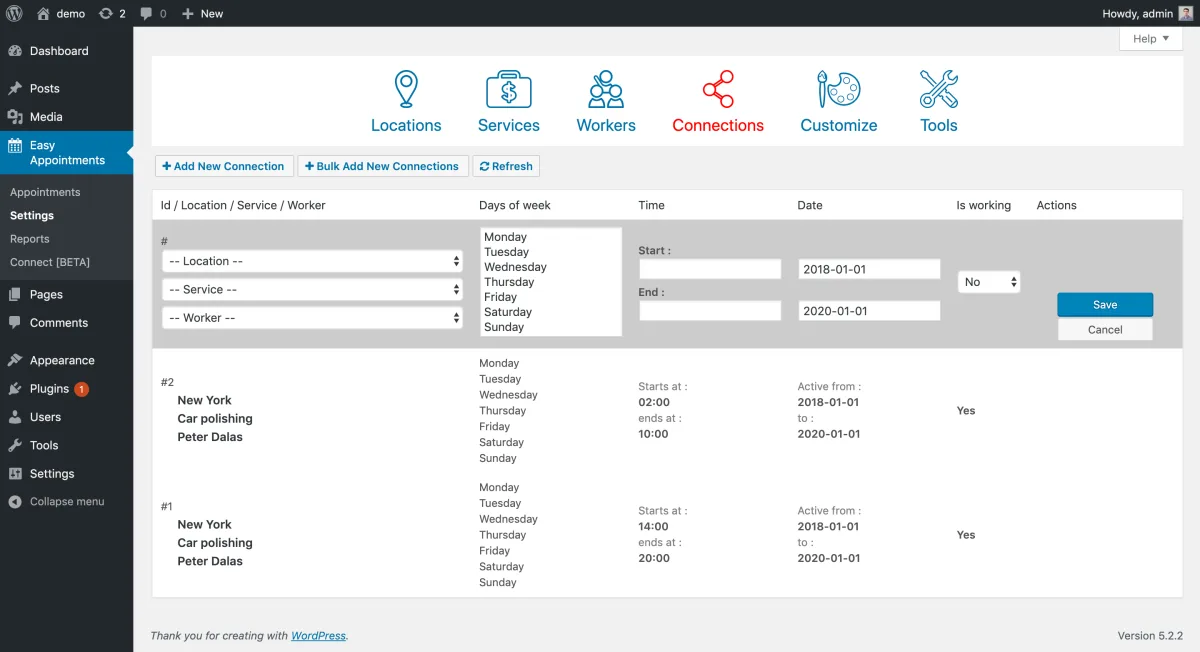 Easy Appointments connections settings showing Location, Service, Worker dropdowns for creating booking slot connections