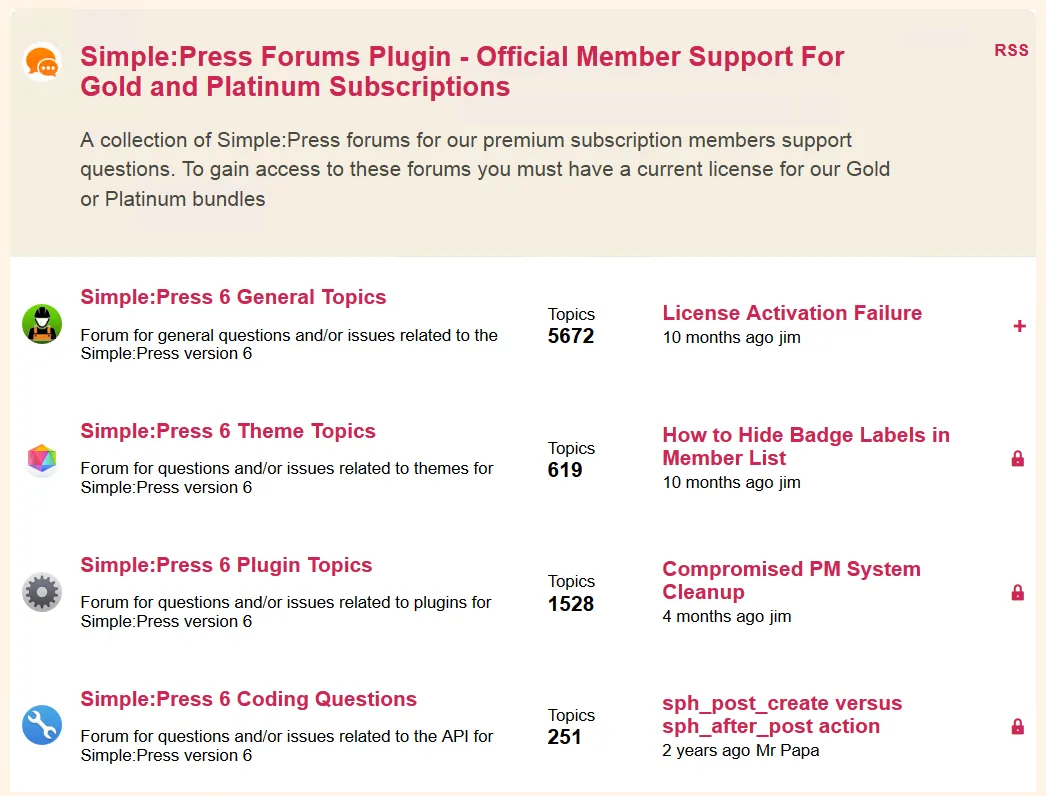Simple:Press Forum 6 vendor front-end showing the Simple:Press Forums Plugin Official Member Support area with sub-forums General Topics (5672 topics), Theme Topics (619), Plugin Topics (1528) and Coding Questions (251), last-post column with relative dates and locked/unlocked thread icons.