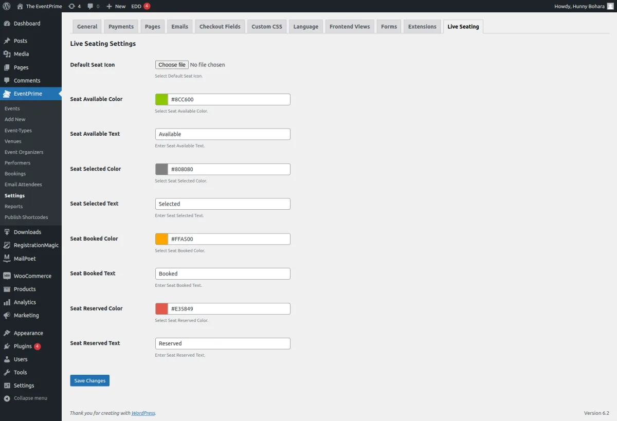 EventPrime's Live Seating admin settings screen, showing the seat-map configuration UI inside wp-admin