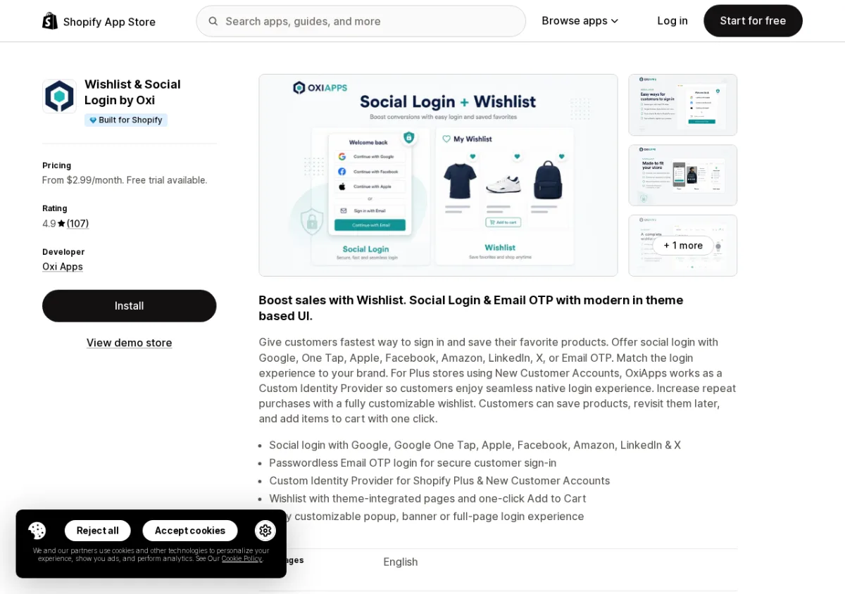 Wishlist and Social Login by Oxi Shopify App Store listing showing the app name, 4.9-star rating, and social login provider screenshots