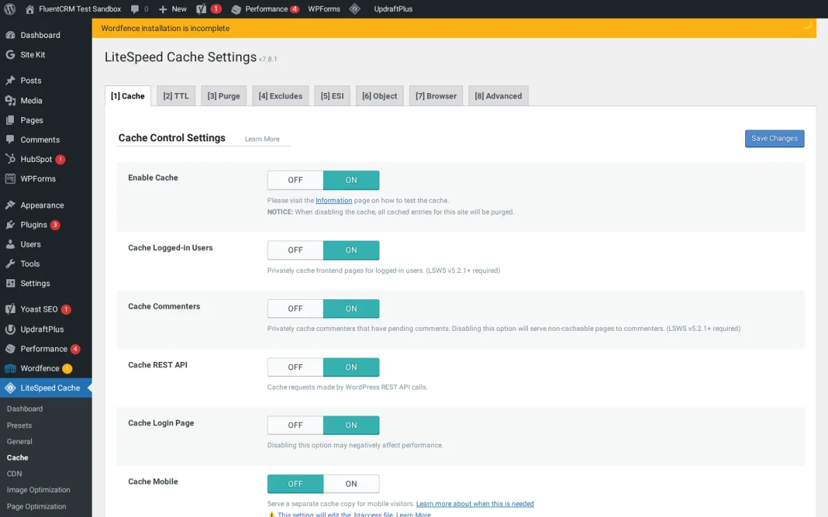 LiteSpeed Cache settings panel in WordPress admin showing cache controls (Enable Cache, Cache Logged-in Users, Cache REST API) toggled on.