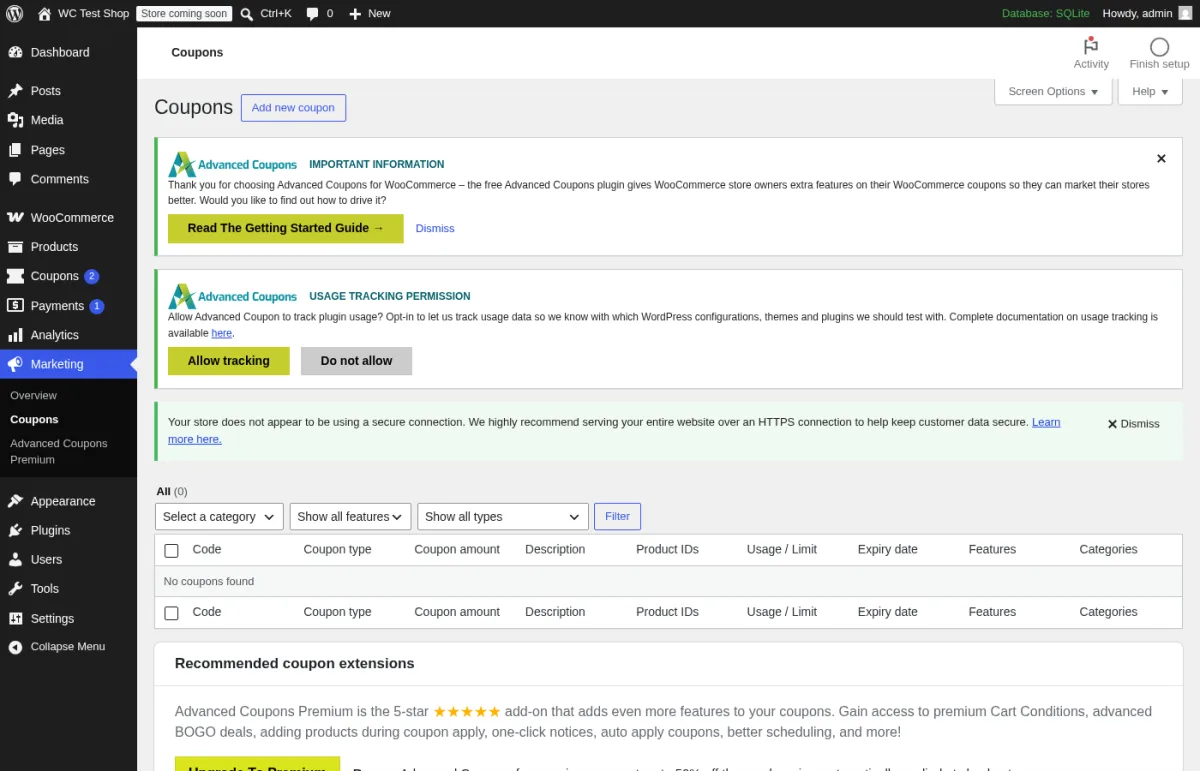 Advanced Coupons for WooCommerce 4.7.2 free Coupons admin screen inside a real WordPress install showing the Marketing > Coupons screen, the Important Information welcome banner with the yellow Read The Getting Started Guide CTA, the Usage Tracking Permission banner with Allow tracking and Do not allow buttons, the Advanced Coupons Premium submenu under Marketing, the empty coupon table with Code, Coupon type, Coupon amount, Description, Product IDs, Usage / Limit, Expiry date, Features and Categories columns, and the Recommended coupon extensions upsell card.