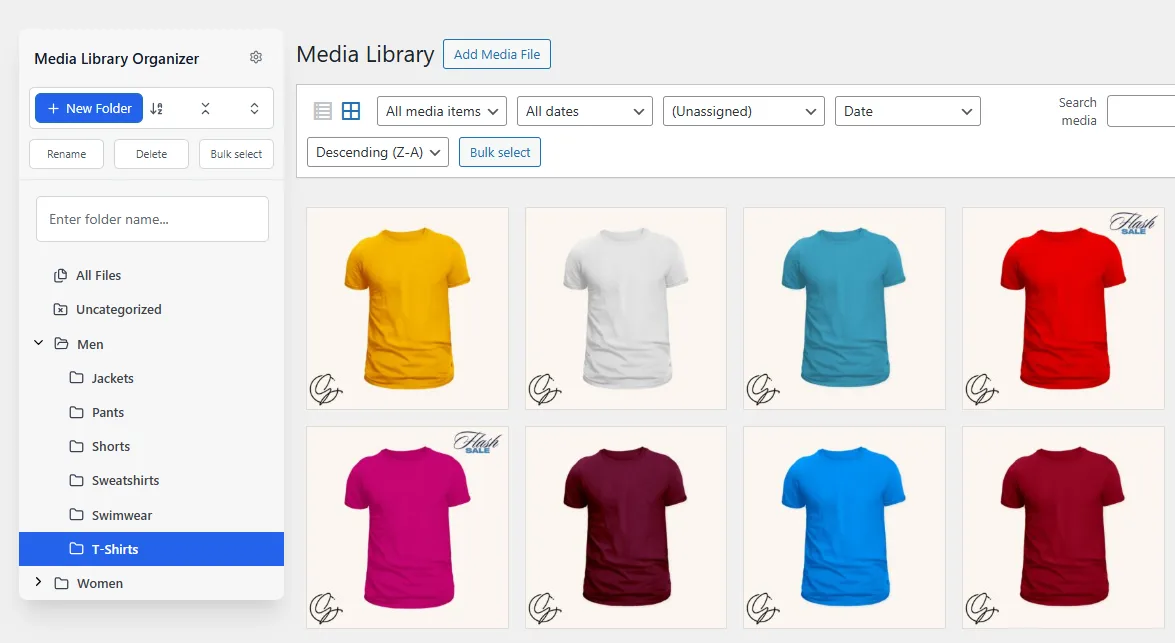 Media Library Organizer admin showing a left sidebar with Men, Jackets, Pants, Shorts, Sweatshirts, Swimwear and T-Shirts folders next to a grid of colored t-shirt product images