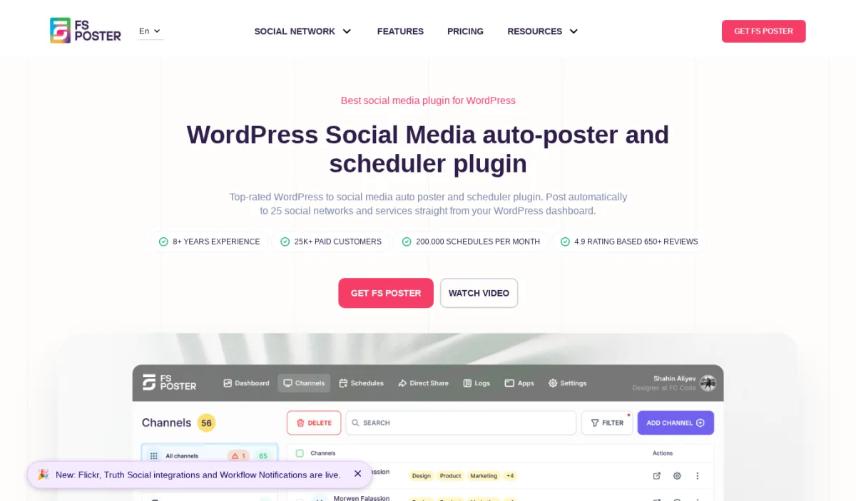 FS Poster homepage with the WordPress admin Channels page preview, showing connected social channels including YouTube Community