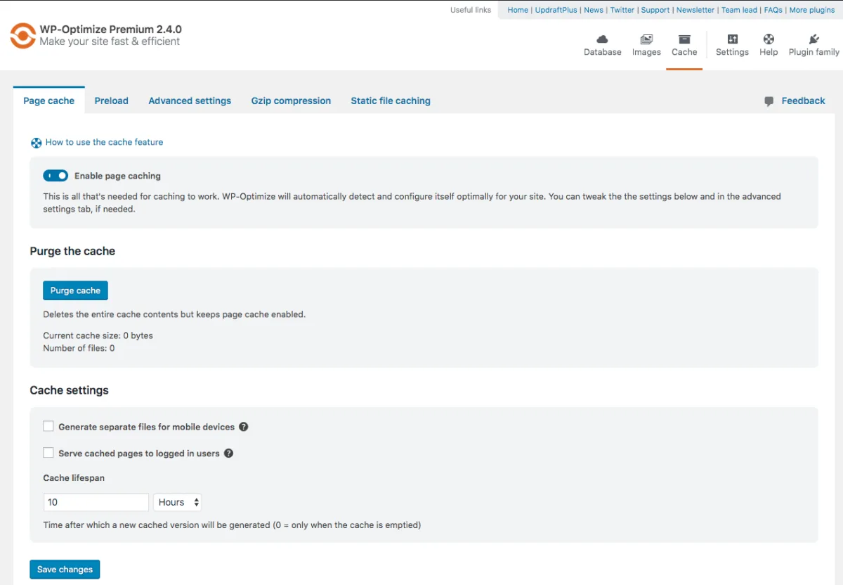 WP-Optimize Page cache tab in wp-admin with the Enable page caching toggle on, Purge cache button, current cache size and file count, plus Cache settings for mobile devices, logged-in users, and cache lifespan.