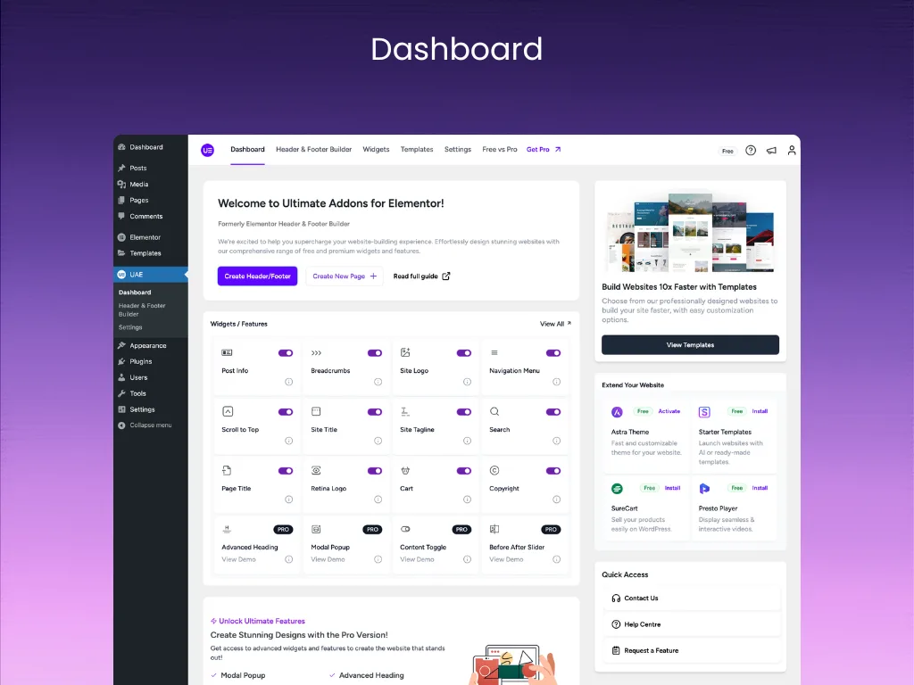 Ultimate Addons for Elementor (formerly Header Footer Elementor) plugin screen with header and footer template assignment interface