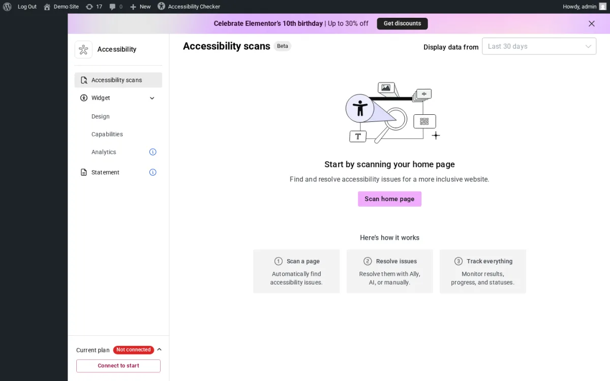 Ally Accessibility scans page in WordPress admin showing the Scan home page CTA, the three-step Here's how it works flow (Scan a page, Resolve issues, Track everything), the Widget Design, Capabilities, and Analytics sub-tabs, and the Connect to start banner at the bottom