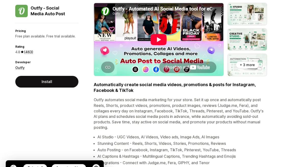 Outfy Shopify social media app listing on the Shopify App Store