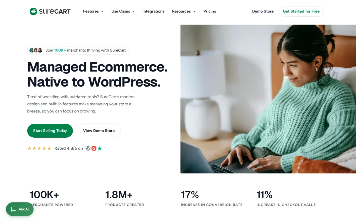 SureCart 2026 homepage showing the Managed Ecommerce Native to WordPress positioning, 100K plus merchants powered, 1.8M plus products created, and 17 percent and 11 percent conversion and checkout value lift figures