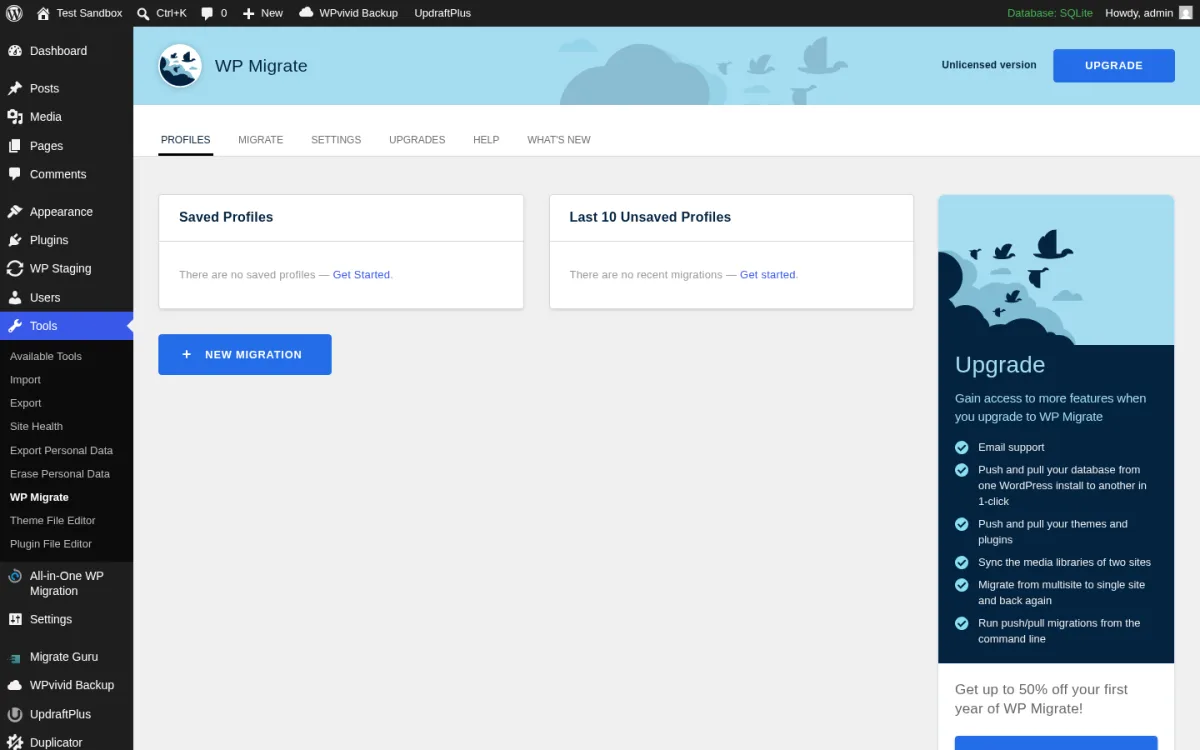 WP Migrate Lite Profiles screen inside a real WordPress install showing the WP Migrate header with Unlicensed version note and the blue UPGRADE button, the Profiles Migrate Settings Upgrades Help What's New tab strip with Profiles selected, the Saved Profiles There are no saved profiles Get Started empty state, the Last 10 Unsaved Profiles There are no recent migrations Get started empty state, the blue New Migration button, and the right-rail Upgrade callout listing Email support, Push and pull database, Push and pull themes and plugins, Sync media libraries, Migrate from multisite to single site, and Run push/pull migrations from the command line