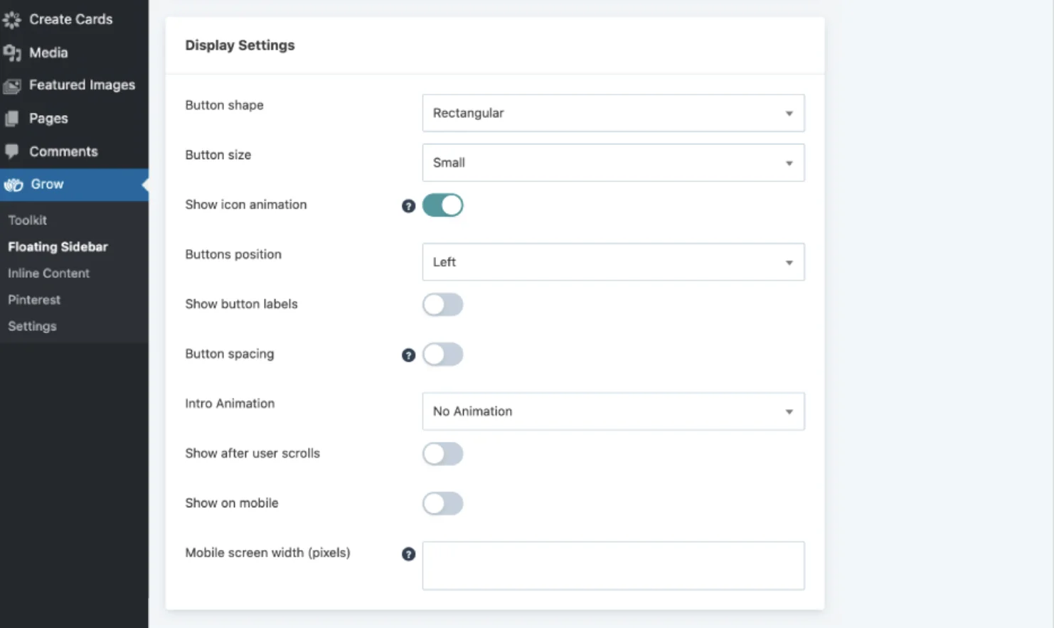 Hubbub Lite floating sidebar display settings under the Grow admin menu with button shape, size, position and mobile options