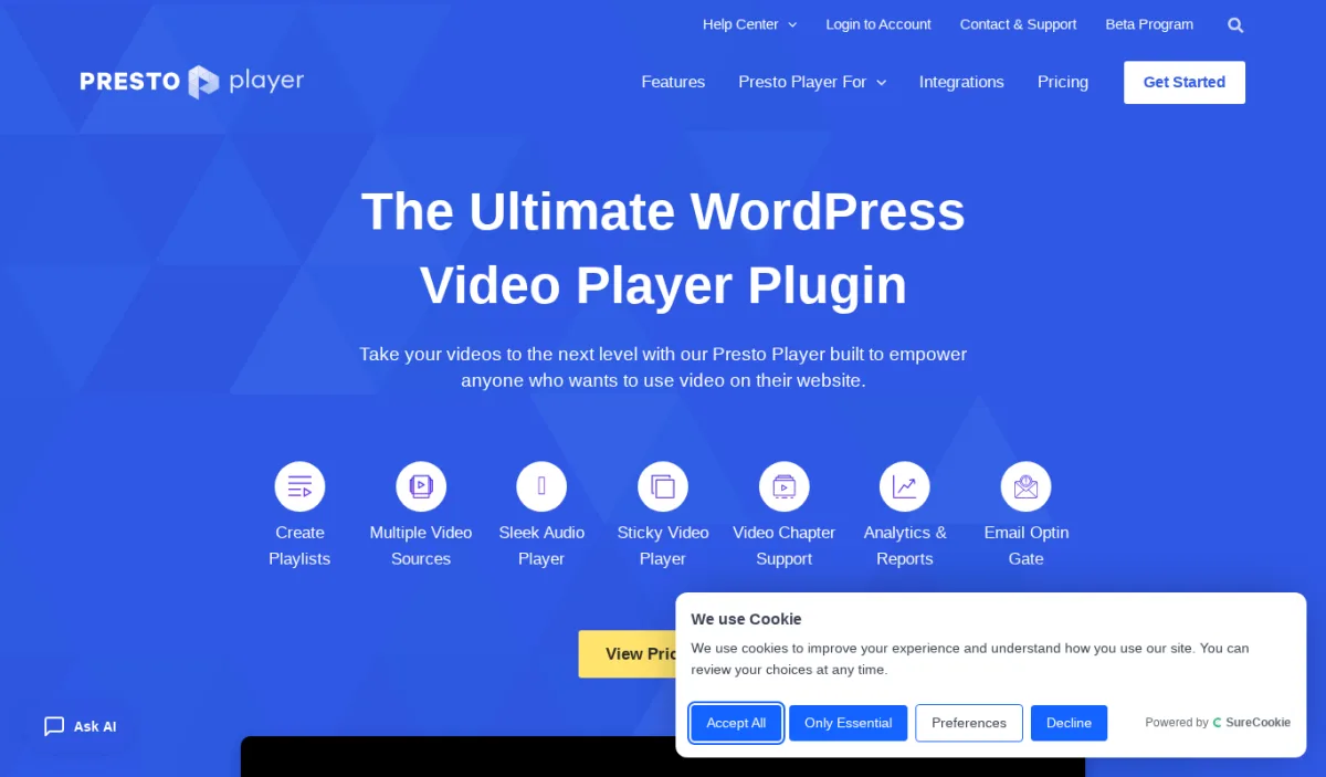 Presto Player homepage showing the Ultimate WordPress Video Player Plugin headline and feature icons for Create Playlists, Multiple Video Sources, Sleek Audio Player, Sticky Video Player, Video Chapter Support, Analytics and Reports, and Email Optin Gate