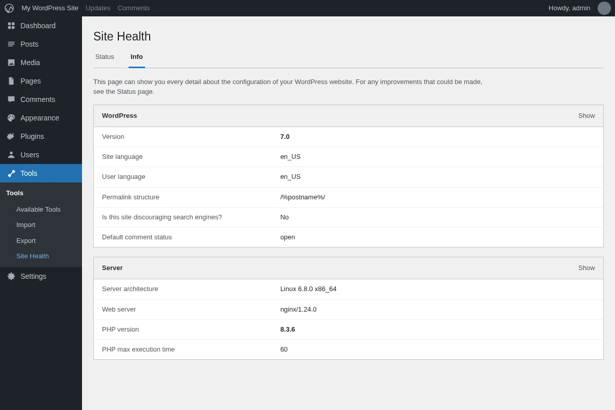 WordPress 7.0 Tools > Site Health > Info tab showing WordPress version 7.0 and PHP version 8.3.6