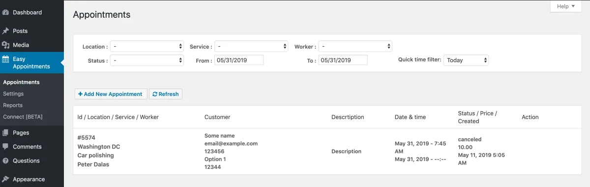 Easy Appointments appointments list admin panel with filters for location, service, worker, status, and date range